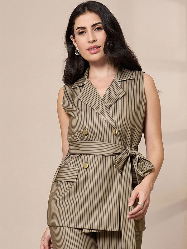 SASSAFRAS worklyf Vertical Striped Double Breasted Front Tie Up Formal Blazer