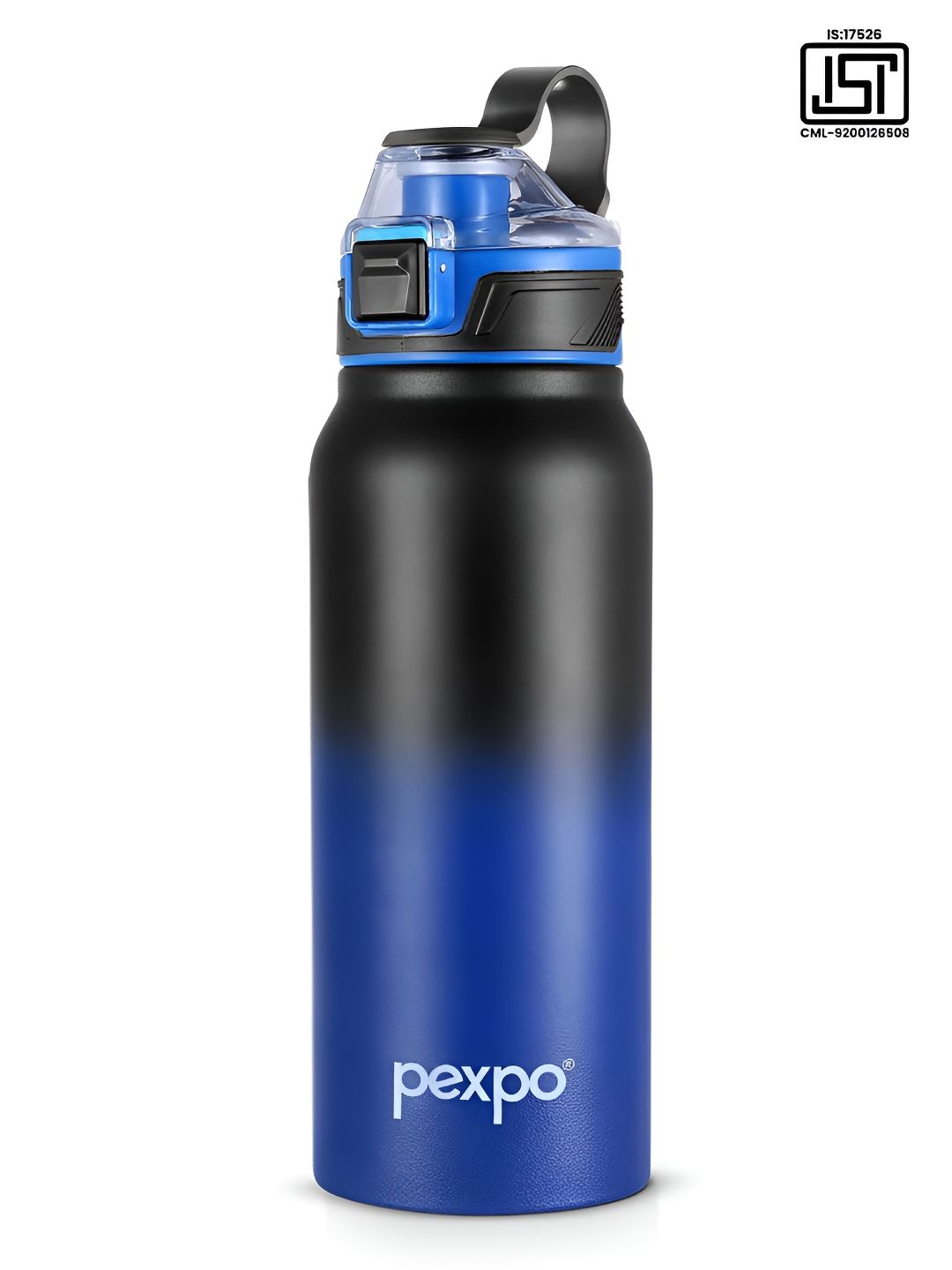 Pexpo Black & Blue Colourblocked Stainless Steel Double Wall Vacuum Water Bottle-740 ml