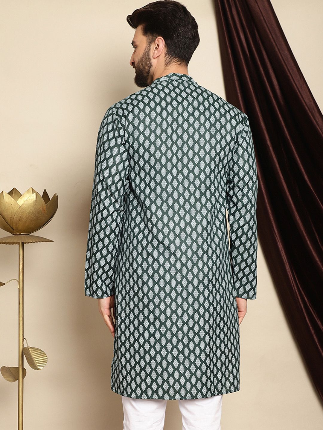 Motif Etnik Hijau Anouk Bercetak Kurta Linen Kapas Lurus