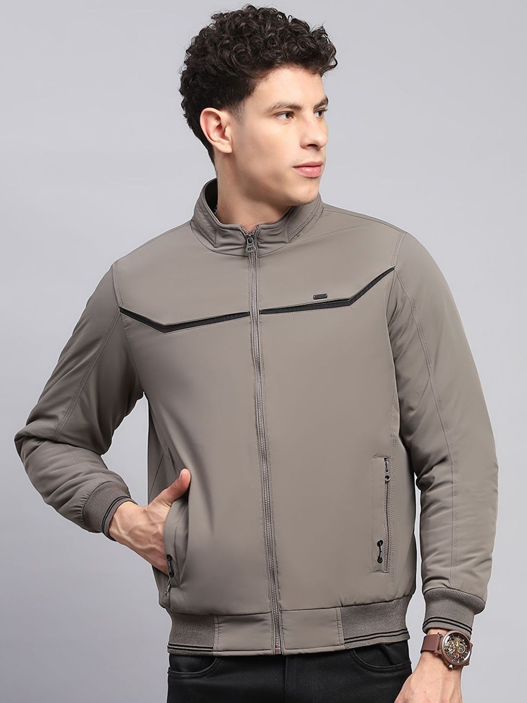 Monte Carlo Men Mock Collar Solid Casual Bomber Jacket