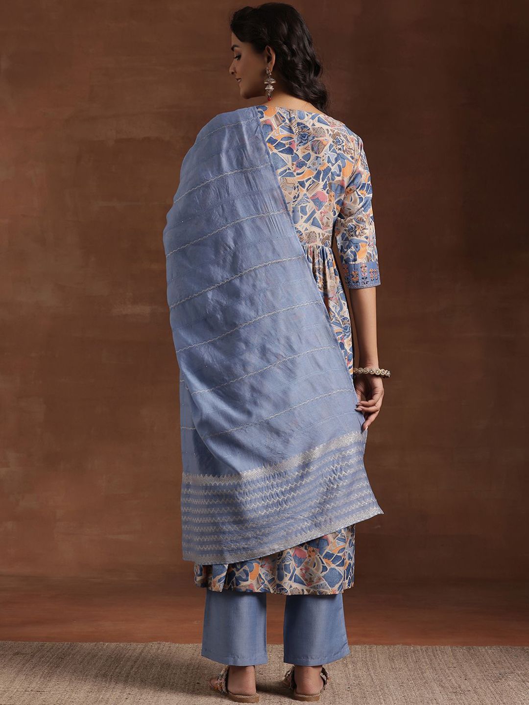 Libas Abstract Printed Pleated Anarkali Kurta With Trouser & Dupatta