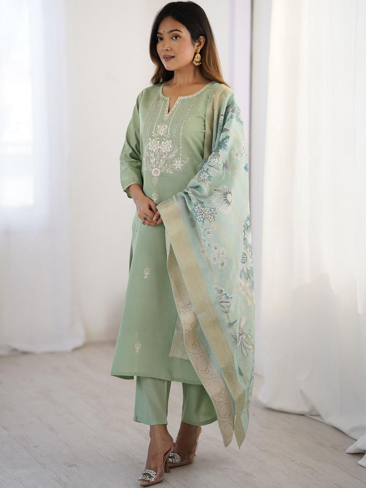 KALINI Women Floral Embroidered Regular Thread Work Kurta with Trousers & With Dupatta