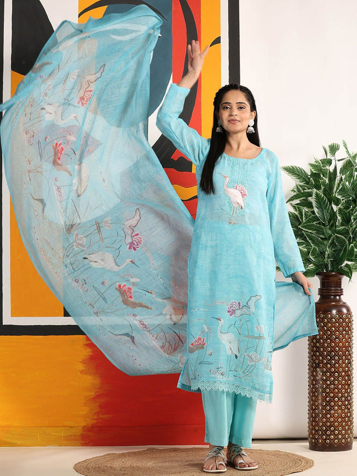 Mamicha Women Ethnic Motifs Embroidered Regular Thread Work Pure Cotton Kurta with Palazzos & With Dupatta
