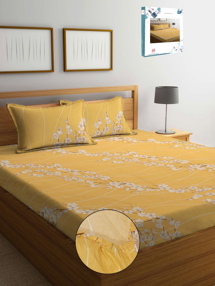Myntra Elegant Homes Yellow Floral Cotton 400 TC Dilengkapi Cadar King & 2 Sarung Bantal