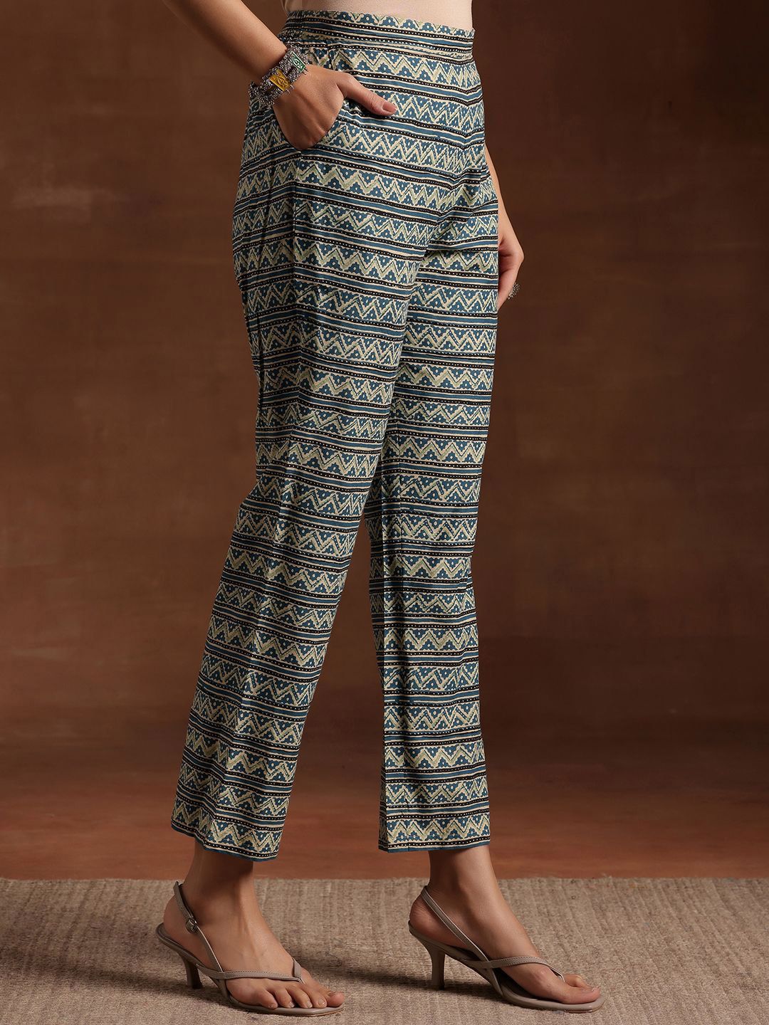 Libas Blue & Beige Ethnic Printed Sweetheart Neck Cotton Kurta with Trousers & Dupatta