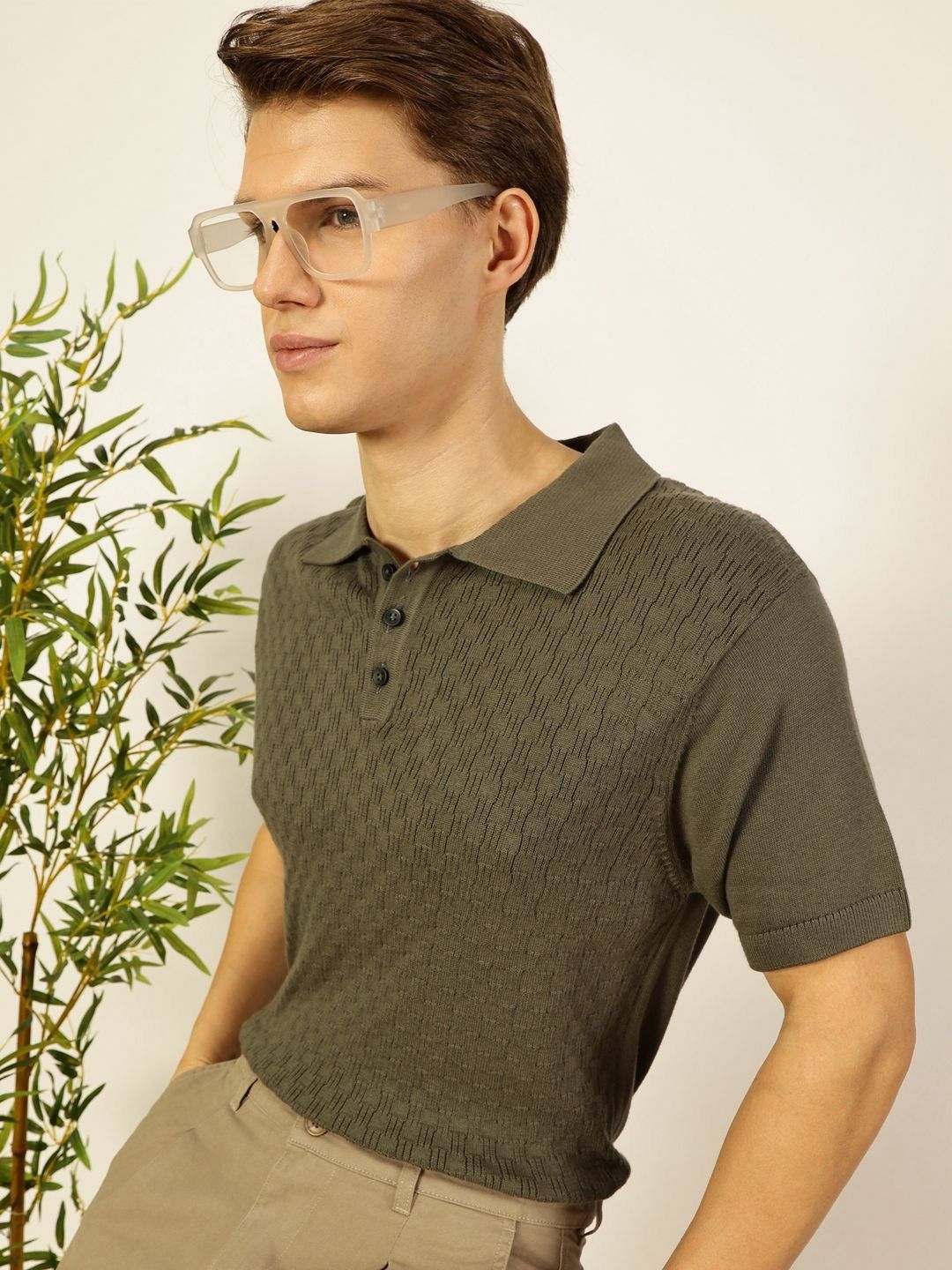 Thomas Scott Men Bio Finish Self Design Polo Collar Cotton T-shirt