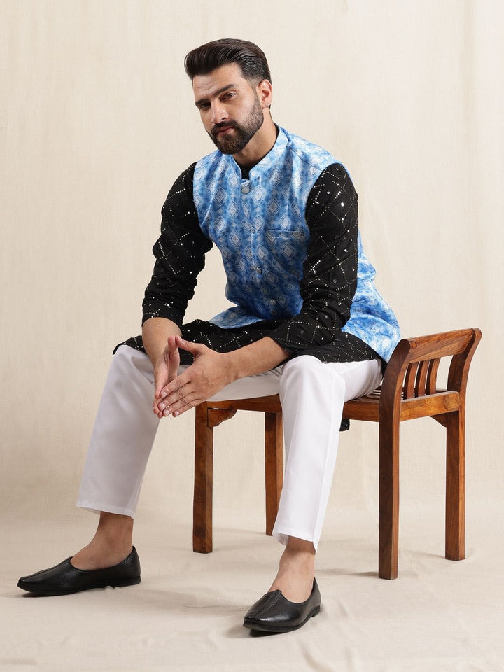 Anouk Embroidered Sequnnied Pure Cotton Straight Kurta With Pyjamas & Nehru Jacket