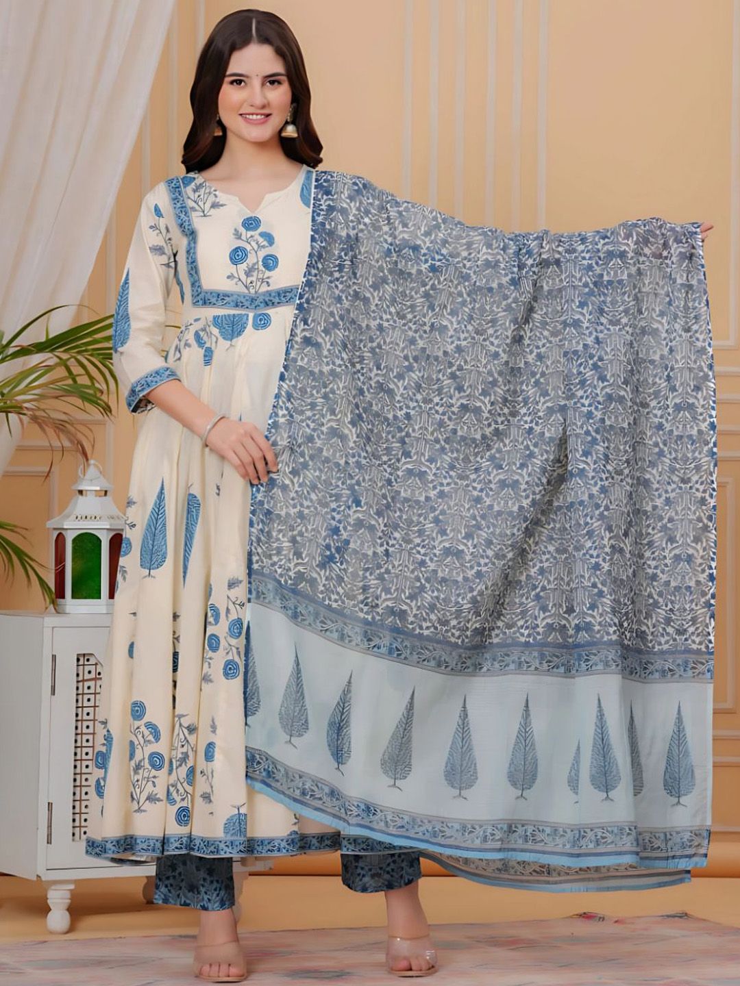 KALINI Floral Printed Panelled Anarkali Pure Cotton Kurta With Trousers & Dupatta