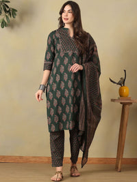 Mamicha Women Ethnic Motifs Printed Regular Mirror Work Pure Cotton Kurta with Trousers & With Dupatta
