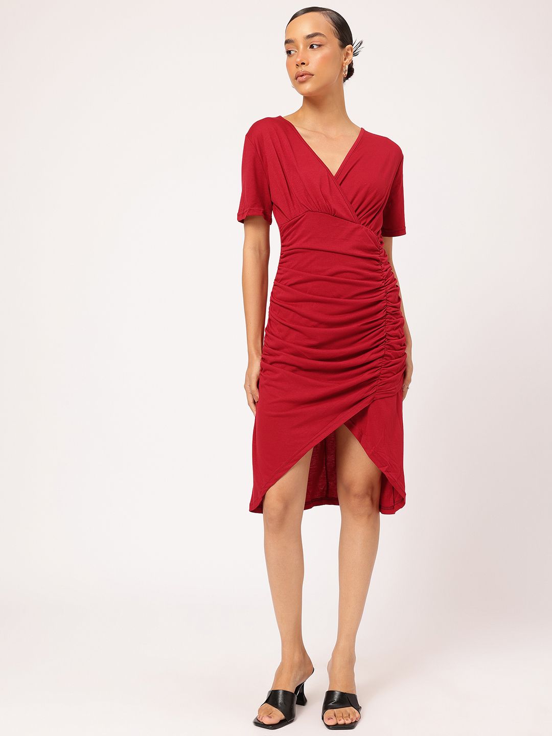 DressBerry Cherry Red Ruched Bodycon Dress