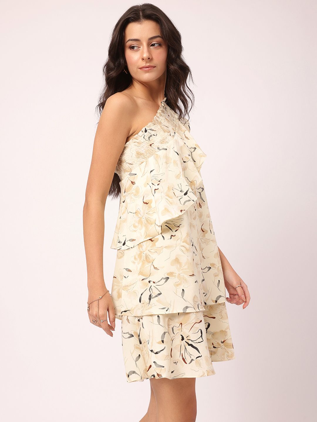 Dressberry Blooming Beauty Floral Print Smocked One-Shoulder Ruffled Layered A-Line Dress
