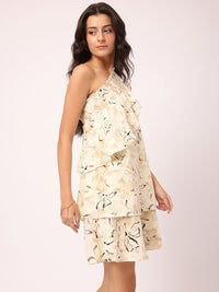 DressBerry Blooming Beauty Floral Print Smocked One-Shoulder Ruffled Layered A-Line Dress