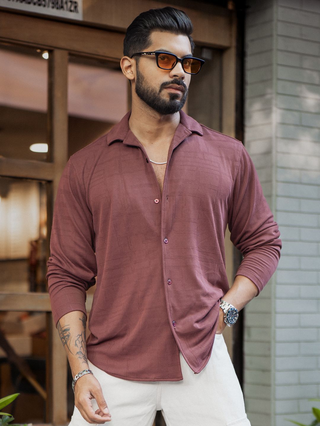 Powerlook Men Cuban Collar Textured Regular Fit Casual Shirt