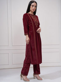 Vishudh Floral Yoke Design Round Neck Thread Work Straight Kurta With Trousers & Dupatta