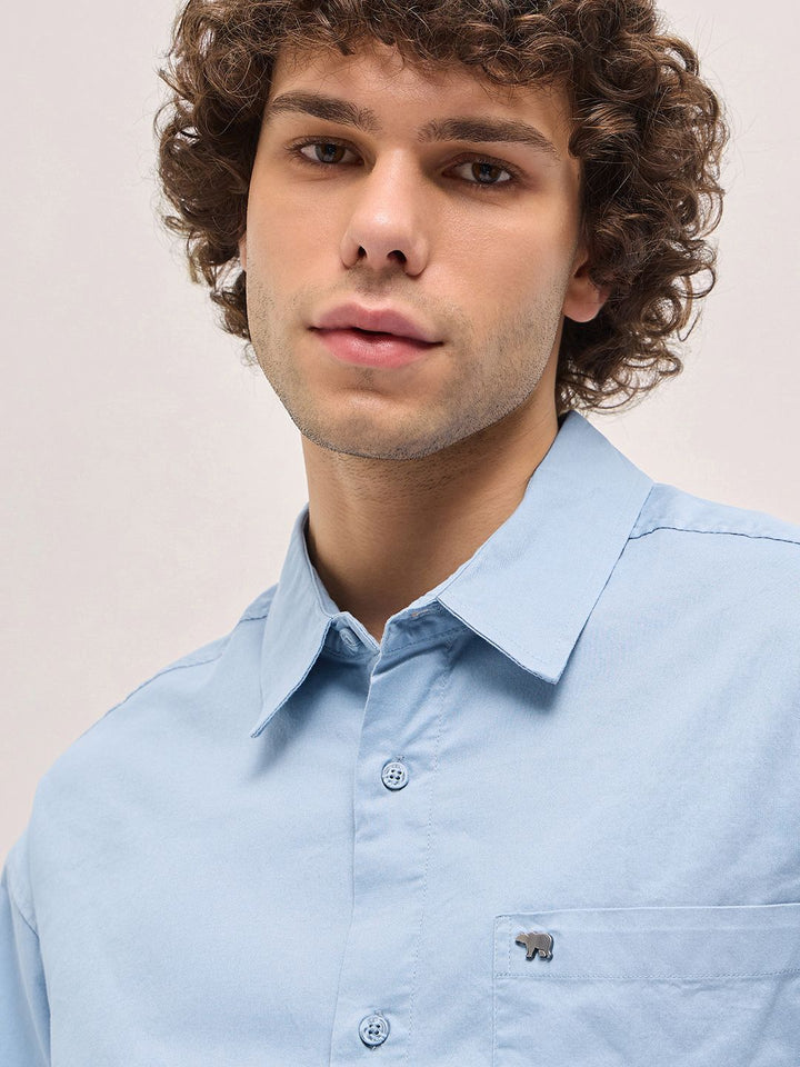 THE BEAR HOUSE Men Spread Collar Solid Cotton Relaxed Fit Casual Shirt