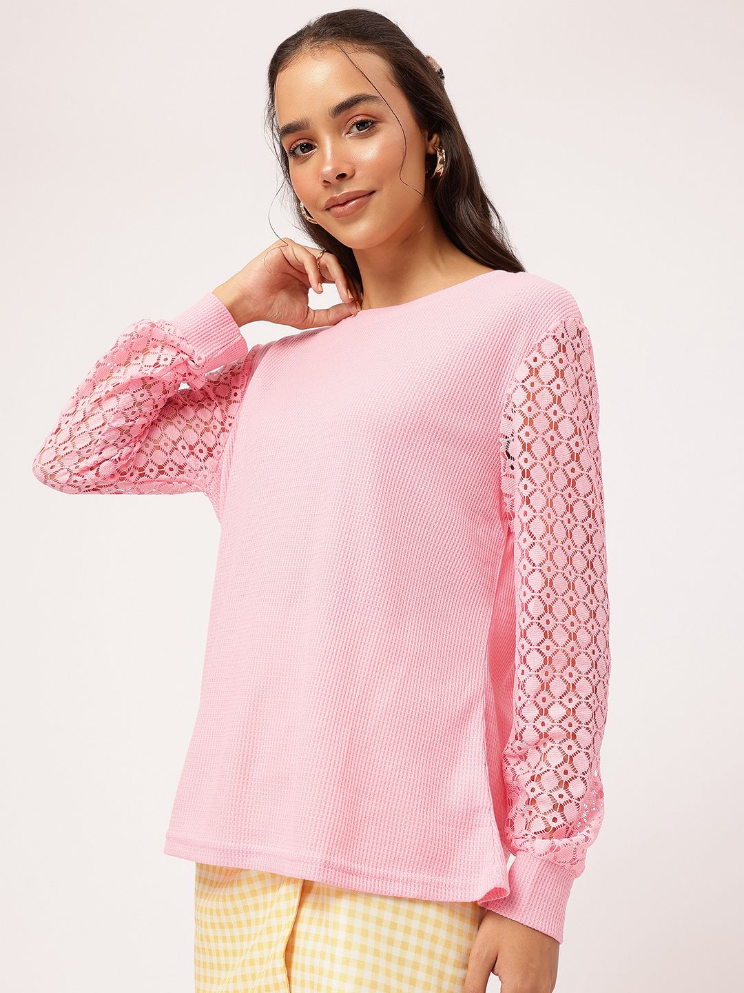DressBerry Textured Temptress Semi-sheer Drop-Shoulder Sleeves Top