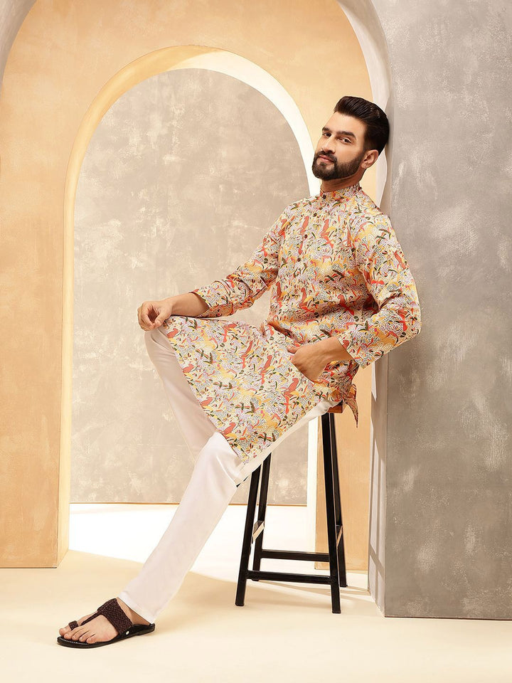SOJANYA Motif Etnik Bercetak Kolar Jalur Kalamkari Cotton Linen Kurta Lurus