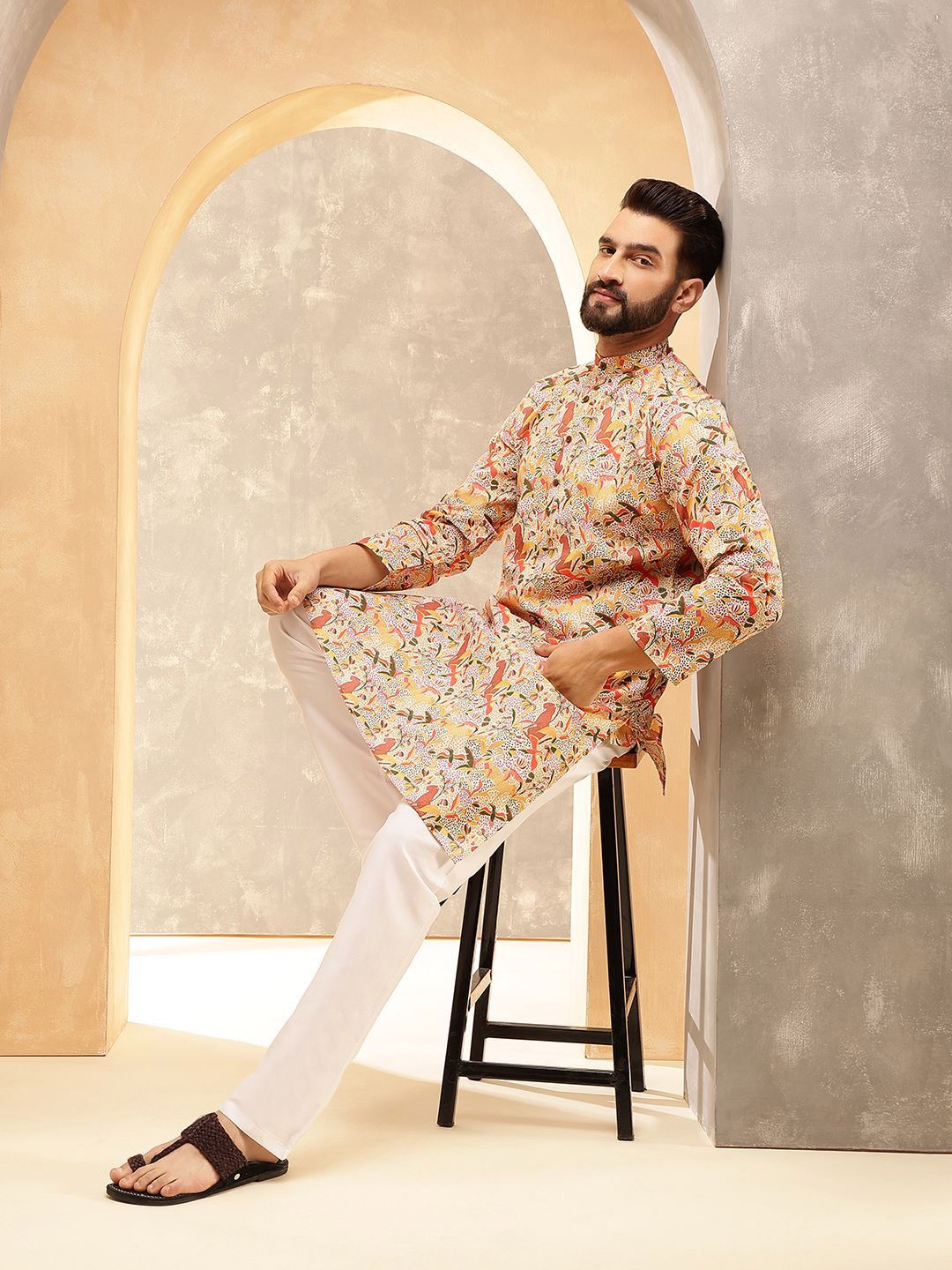SOJANYA Motif Etnik Bercetak Kolar Jalur Kalamkari Cotton Linen Kurta Lurus