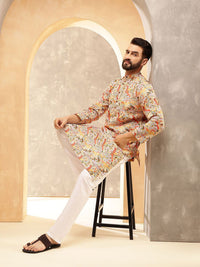 SOJANYA Motif Etnik Bercetak Kolar Jalur Kalamkari Cotton Linen Kurta Lurus