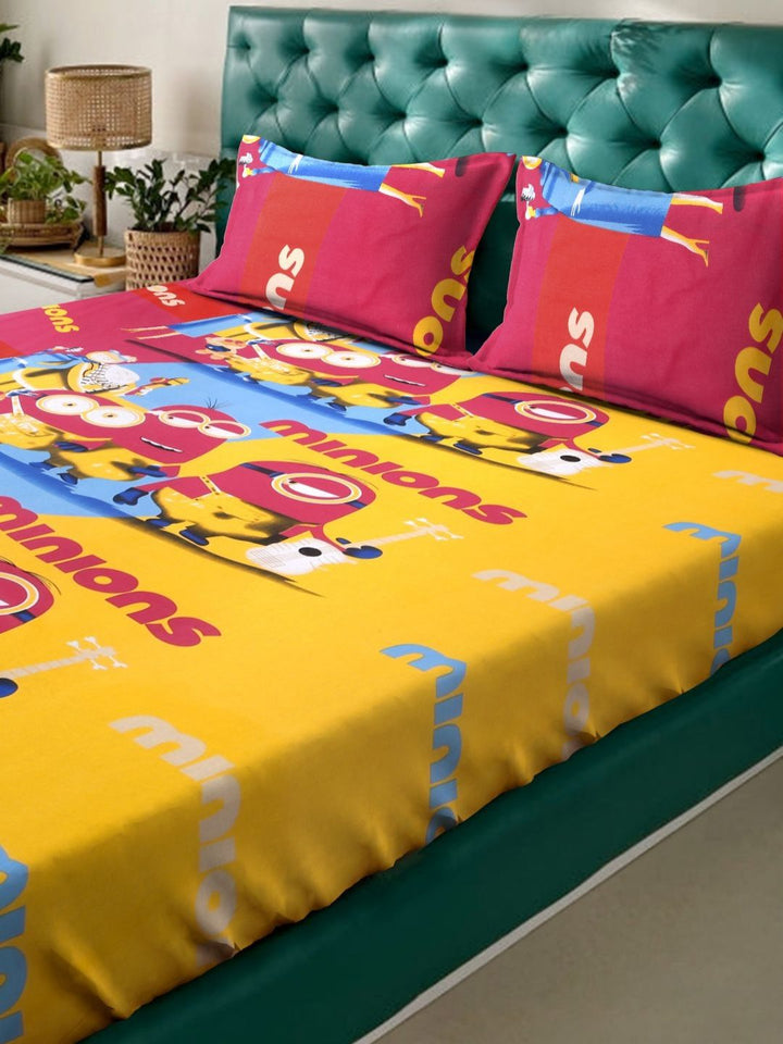 KLOTTHE Kartun Kuning & Merah Bercetak Flat 400 TC Kapas Katil King Dengan 2 Sarung Bantal