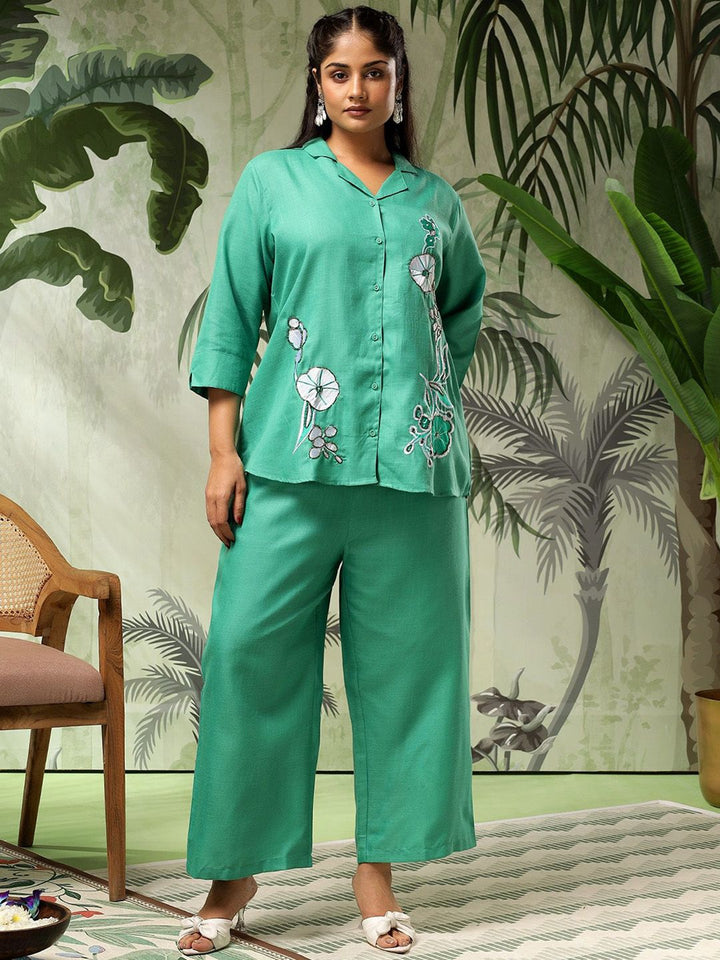 Bani Women Plus Size Floral Embroidered Shirt Collar Shirt & Palazzo