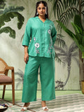Bani Women Plus Size Floral Embroidered Shirt Collar Shirt & Palazzo