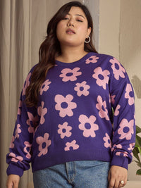 Berrylush Curve Women Floral Printed Round Neck Long Sleeves Plus Size Pullover