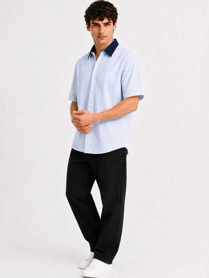 ADRO Spread Collar Short Sleeves Relaxed Striped Cotton Shirt