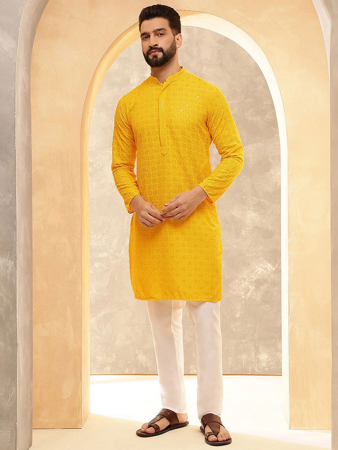 Anouk Yellow Geometric Embroidered Mandarin Collar Straight Pure Cotton Kurta With Pyjamas
