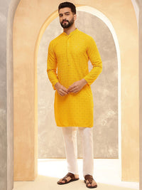 Anouk Yellow Geometric Embroidered Mandarin Collar Straight Pure Cotton Kurta With Pyjamas
