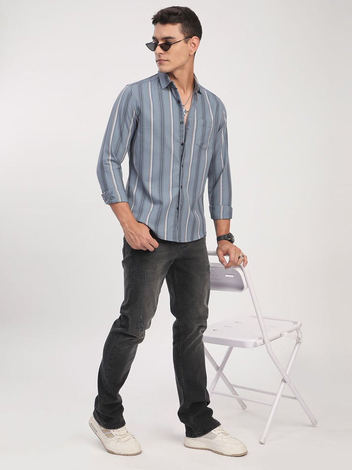 VASTRADO Men Classic Slim Fit Vertical Striped Spread Collar Cotton Casual Shirt