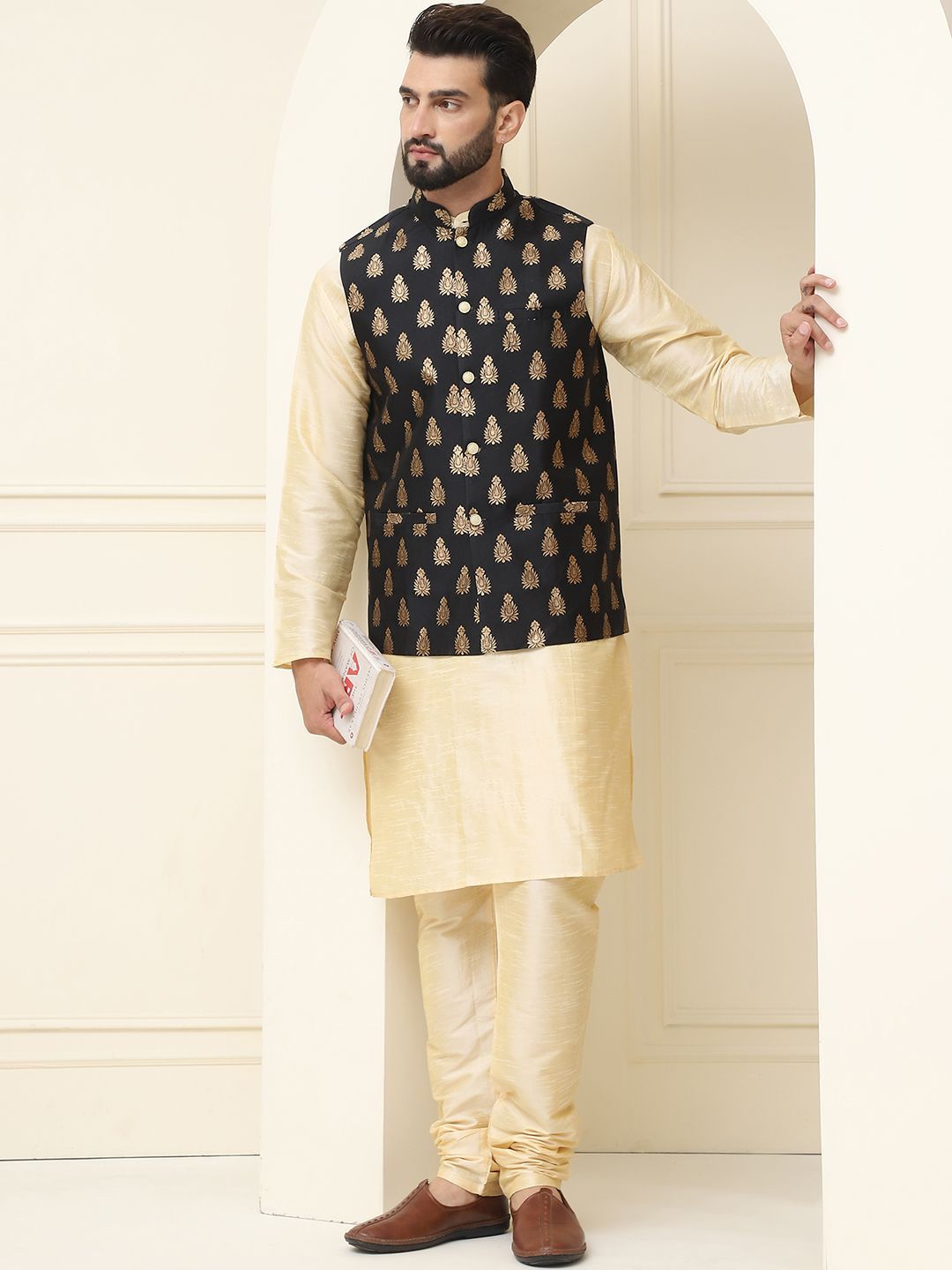SOJANYA Mandarin Collar Silk Cotton Kurta With Churidar & Woven Design Nehru Jacket