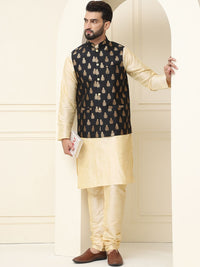SOJANYA Mandarin Collar Silk Cotton Kurta With Churidar & Woven Design Nehru Jacket