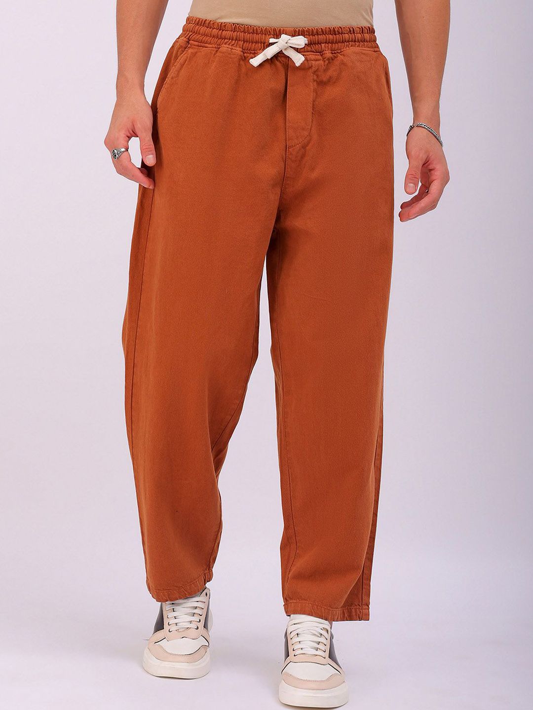 The Indian Garage Co Men Baggy Fit Cotton Elasticated Waist Jeans