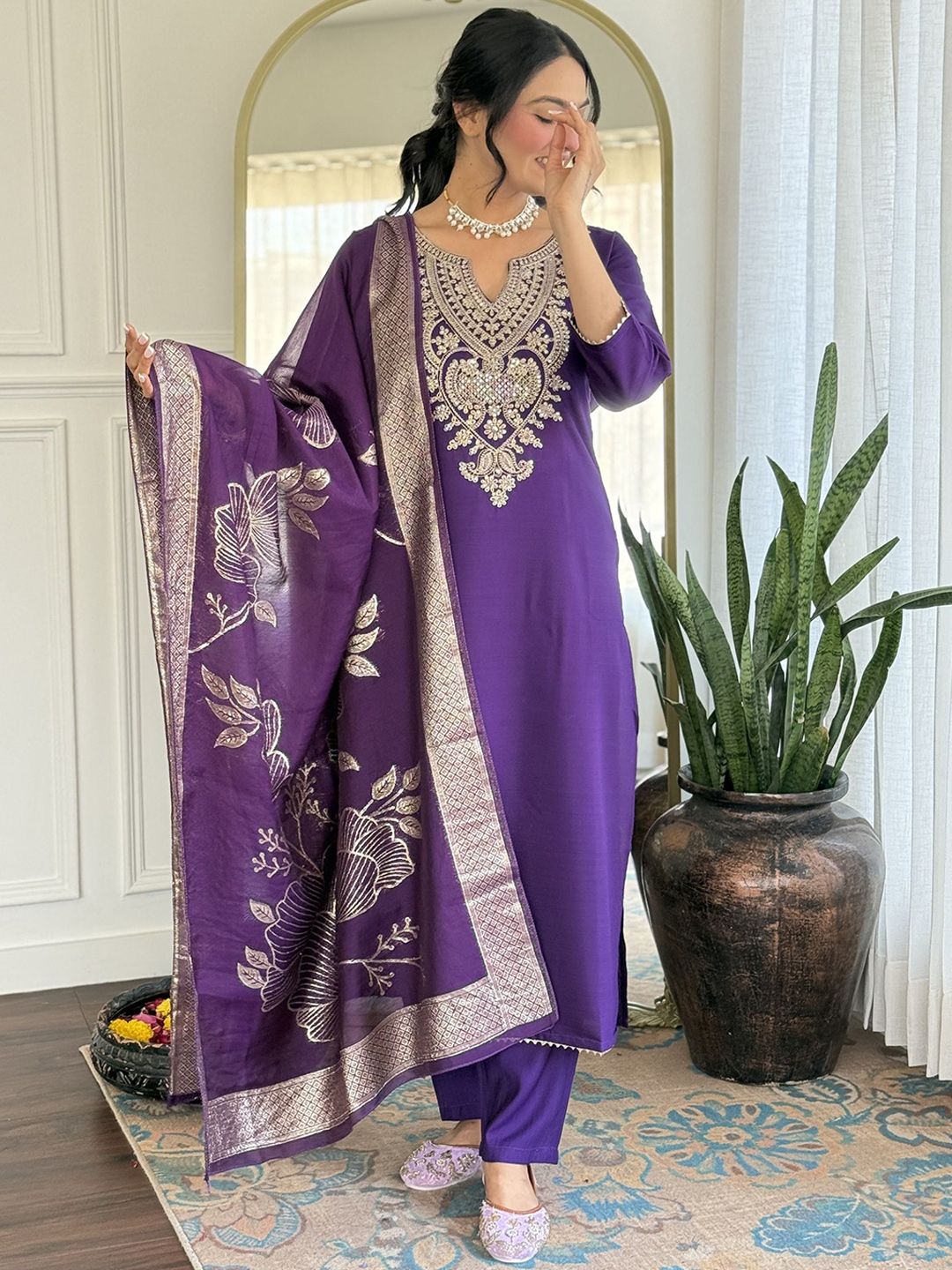 KALINI Floral Yoke Design Sequinned Pure Silk Straight Kurta With Trousers & Dupatta
