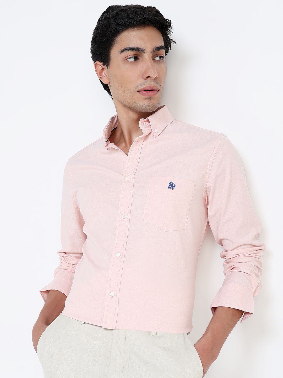 RARE RABBIT Men Comfort Button-Down Collar Solid Cotton Formal Shirt