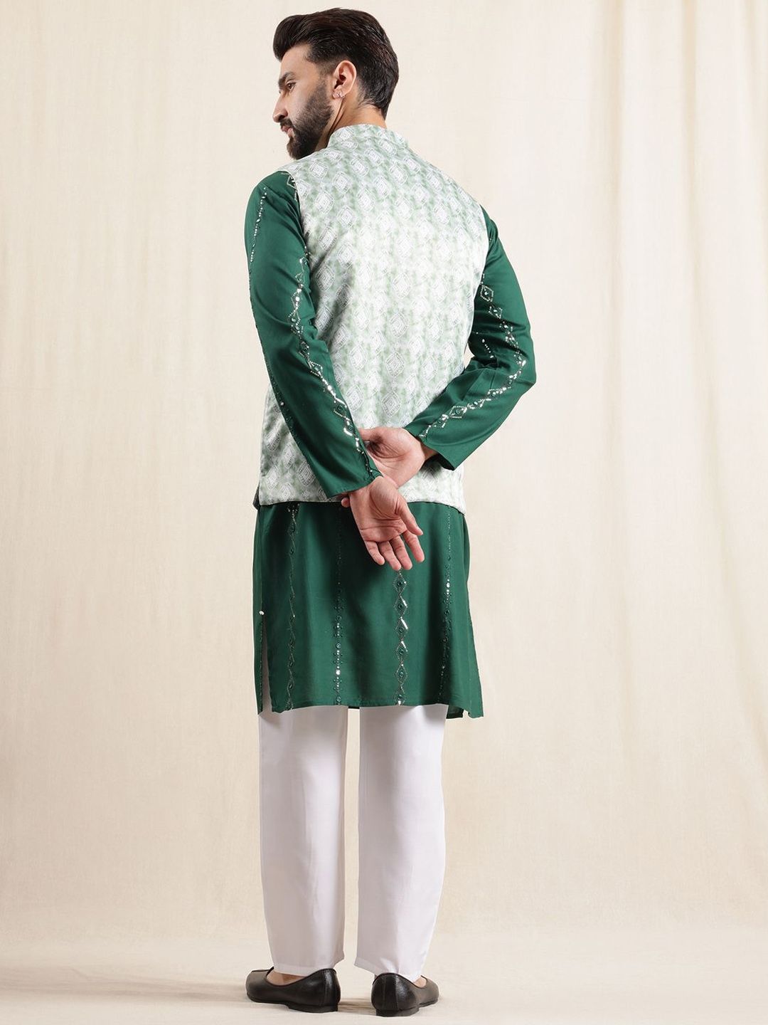 Anouk Men Geometric Embroidered Sequinned Pure Cotton Kurta & Pyjamas With Nehru Jacket