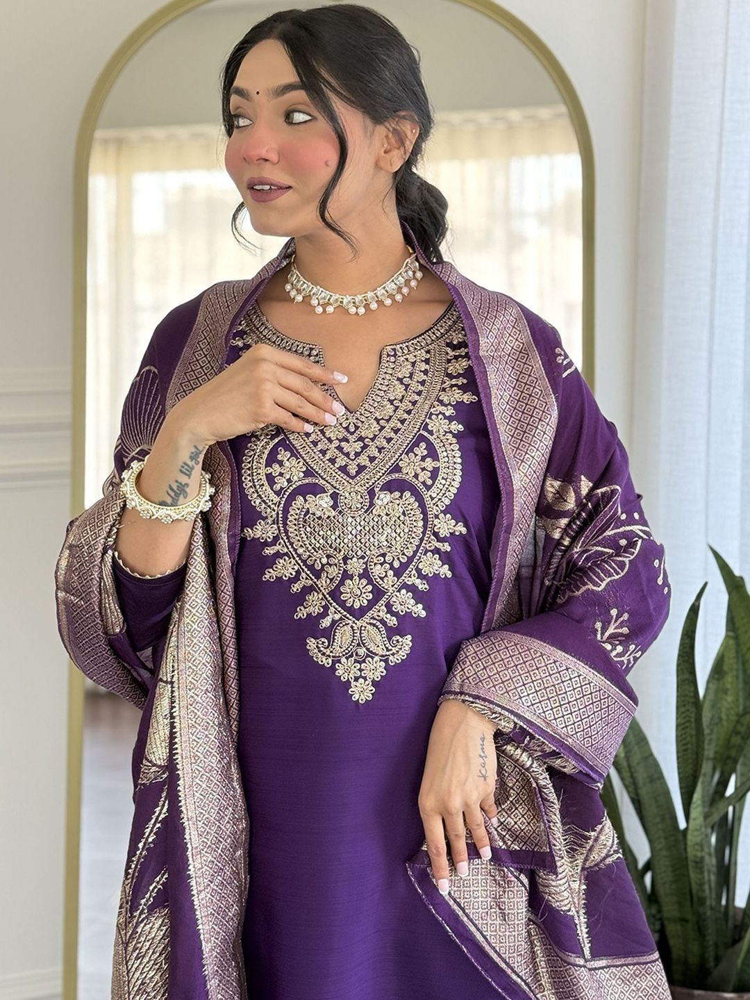 KALINI Floral Yoke Design Sequinned Pure Silk Straight Kurta With Trousers & Dupatta