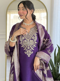 KALINI Floral Yoke Design Sequinned Pure Silk Straight Kurta With Trousers & Dupatta