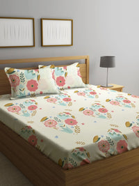 Myntra Elegant Homes Cream Floral Polycotton 300 TC Cadar Tempat Tidur King Halus dengan 2 Sarung Bantal-250 x 220 cm