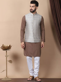 Anouk Brown Floral Embroidered Sequinned Pure Cotton Kurta with Churidar & Nehru Jacket