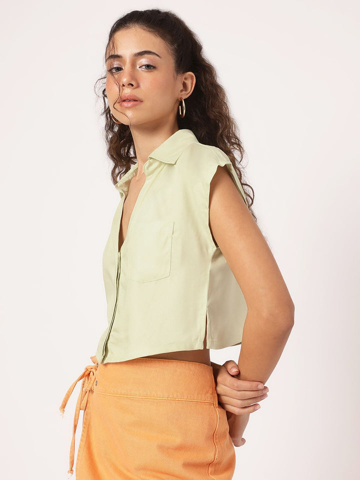DressBerry Matcha Magic Effortless Elegance Chest Pocket Detail Shirt-Style Top