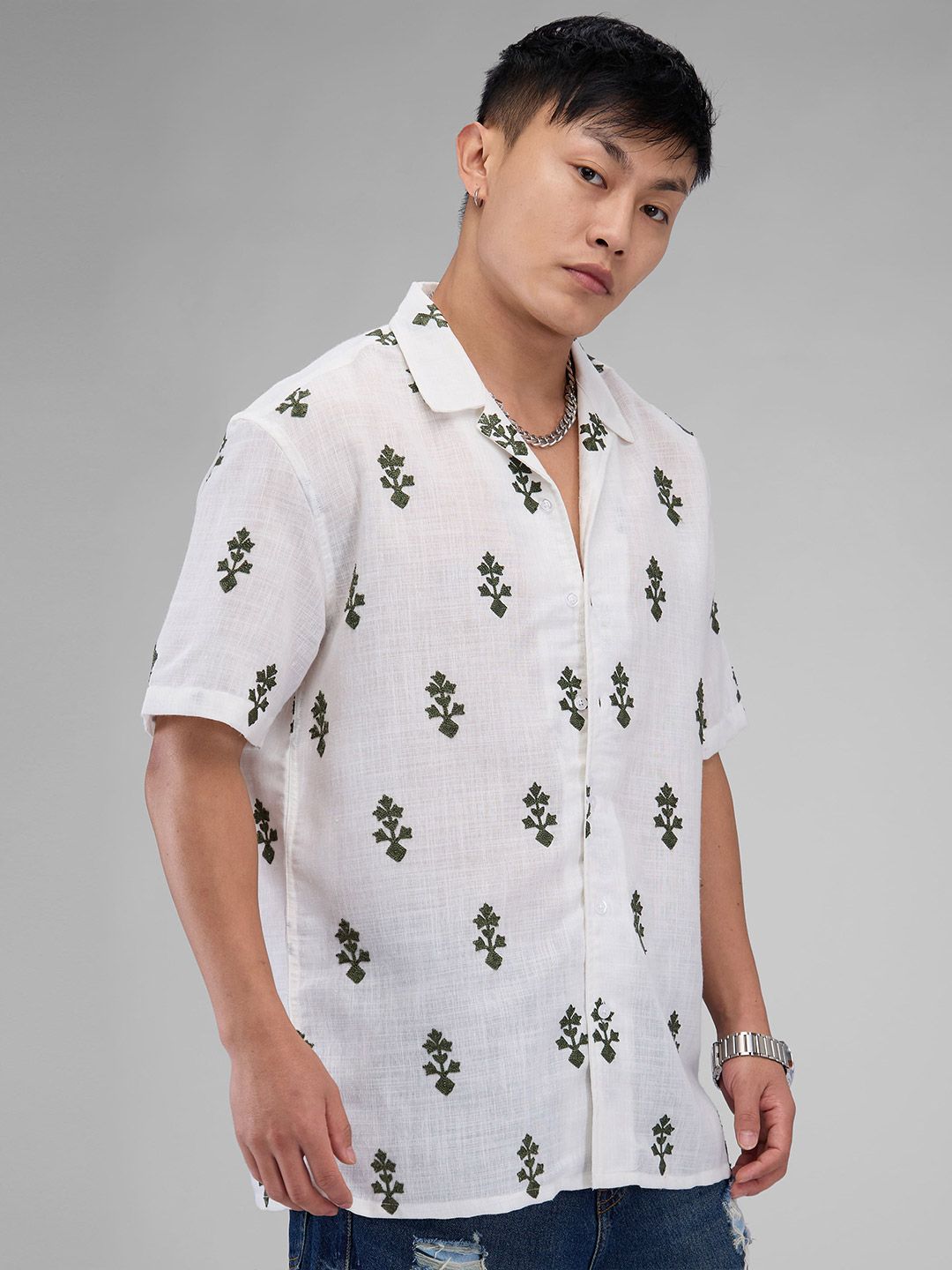 VASTRADO White & Olive Embroidered Cuban Collar Oversized Shirt