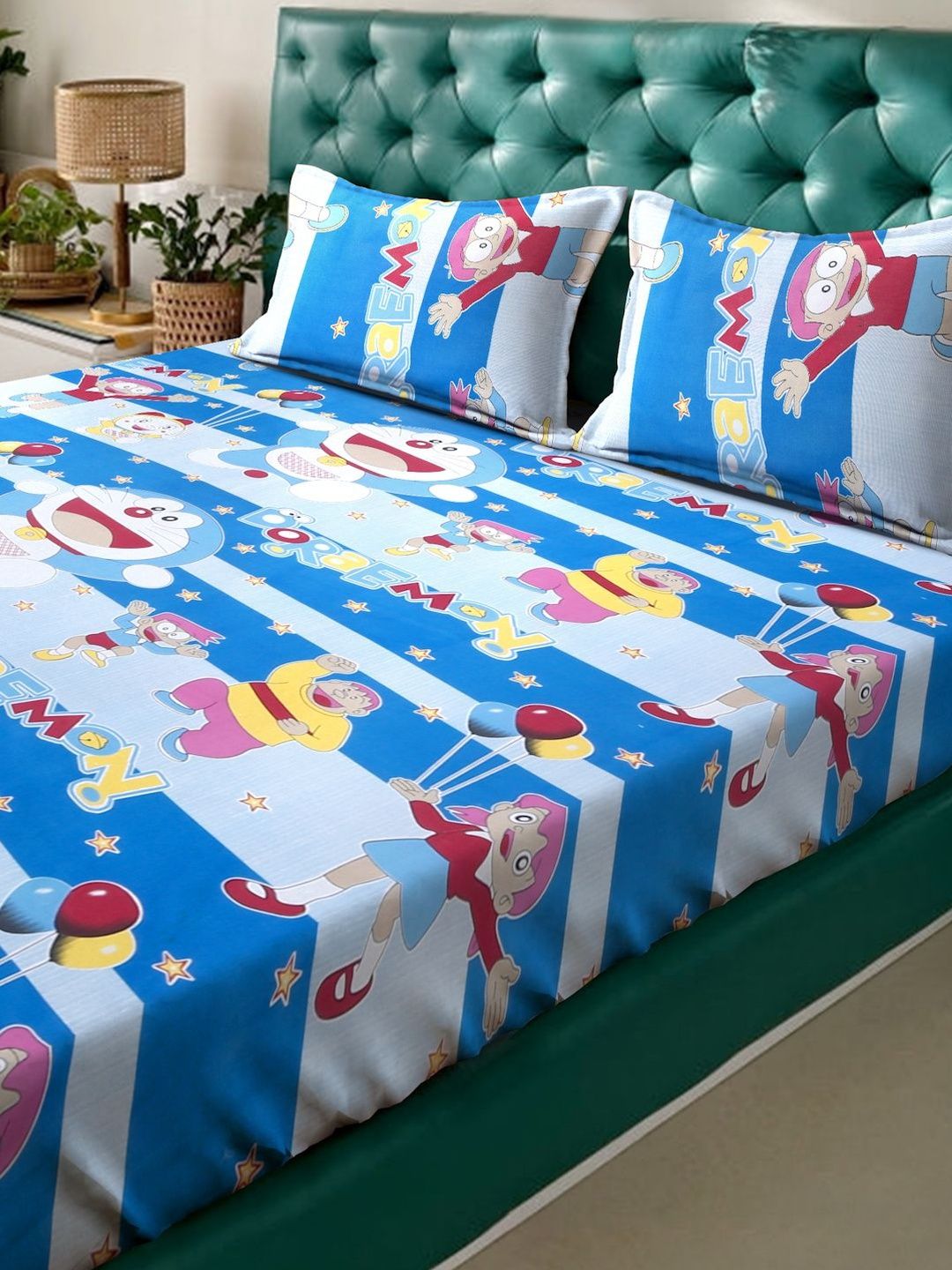 Myntra Elegant Homes Blue Cartoon Characters 400 TC King Bedsheet with 2 Pillow Covers