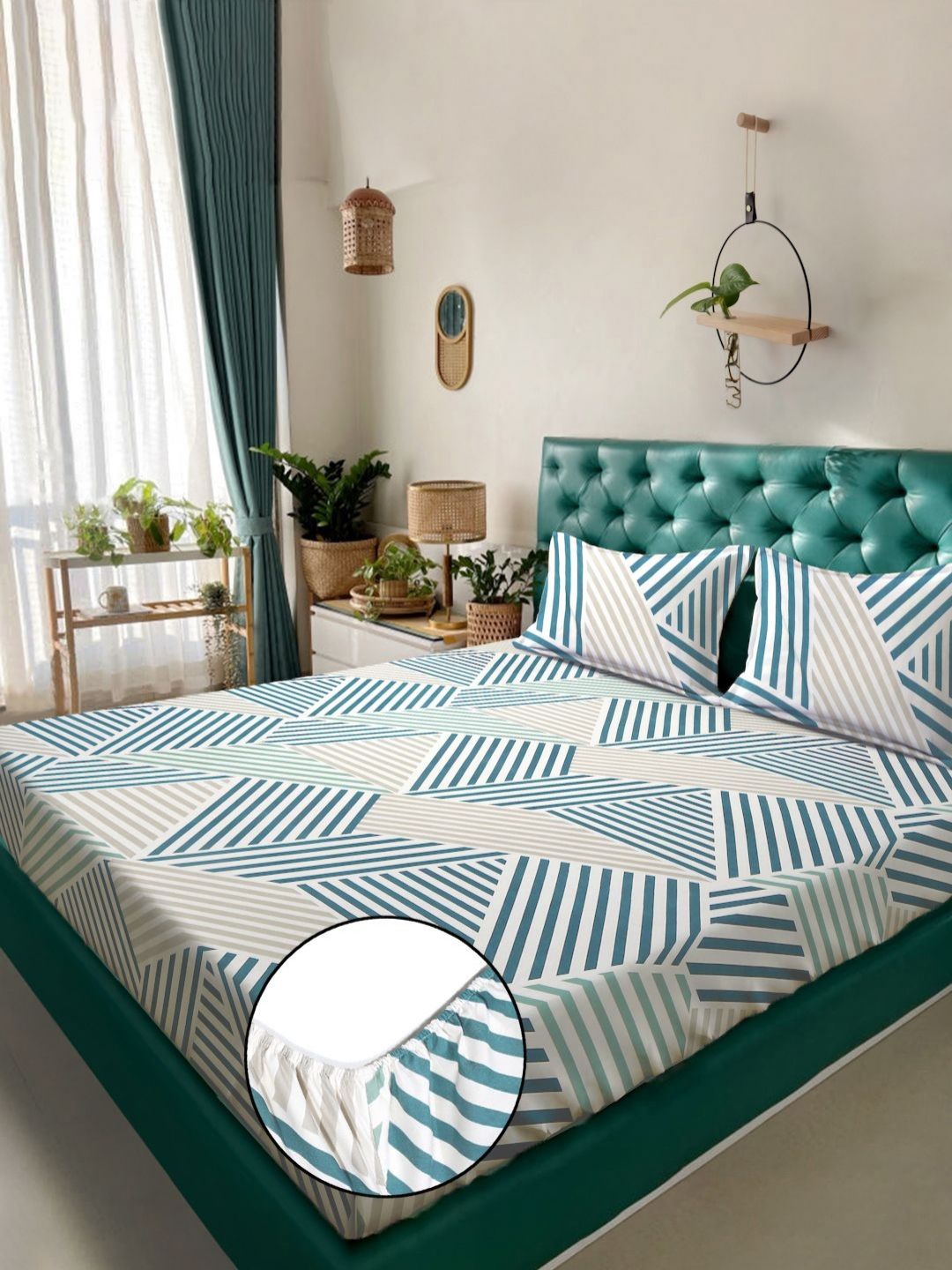 Myntra Elegant Homes Hijau Kapas Abstrak 300 TC Dilengkapi Cadar King Halus dengan 2 Sarung Bantal-250 x 225 cm