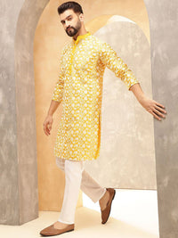 Anouk Mustard Ethnic Motifs Embroidered Band Collar Straight Kurta