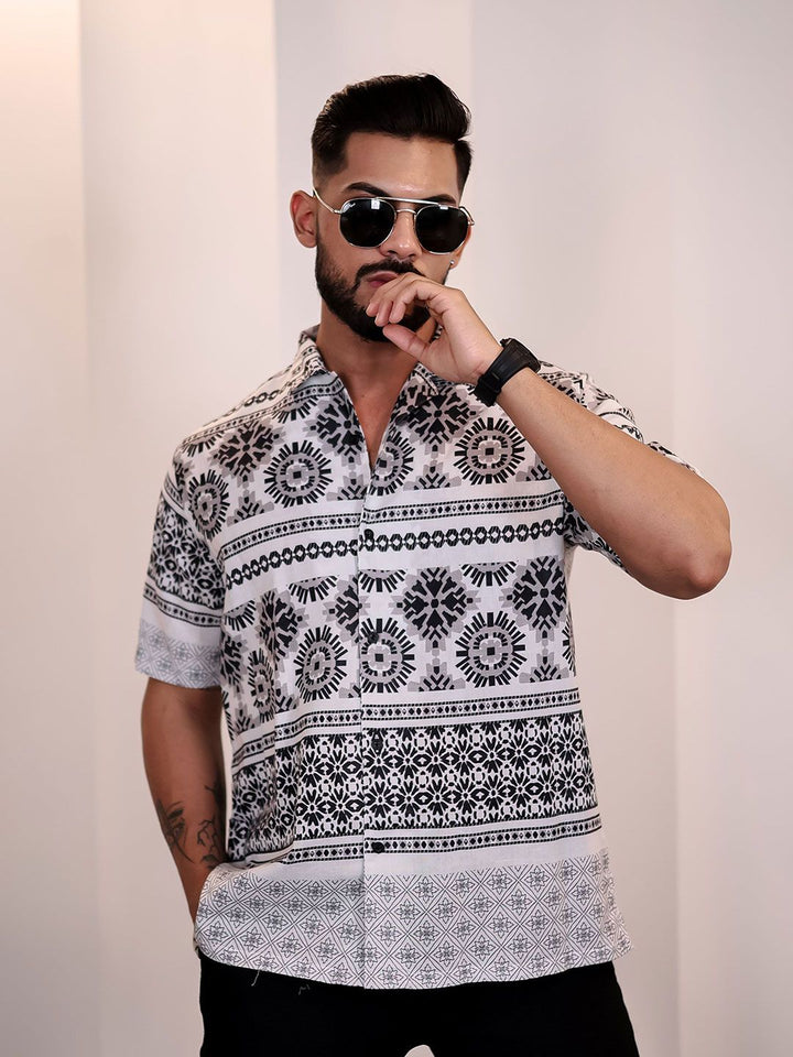 Eszett Men Floral Printed Cuban Collar Linen Casual Shirt