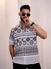 Eszett Men Floral Printed Cuban Collar Linen Casual Shirt