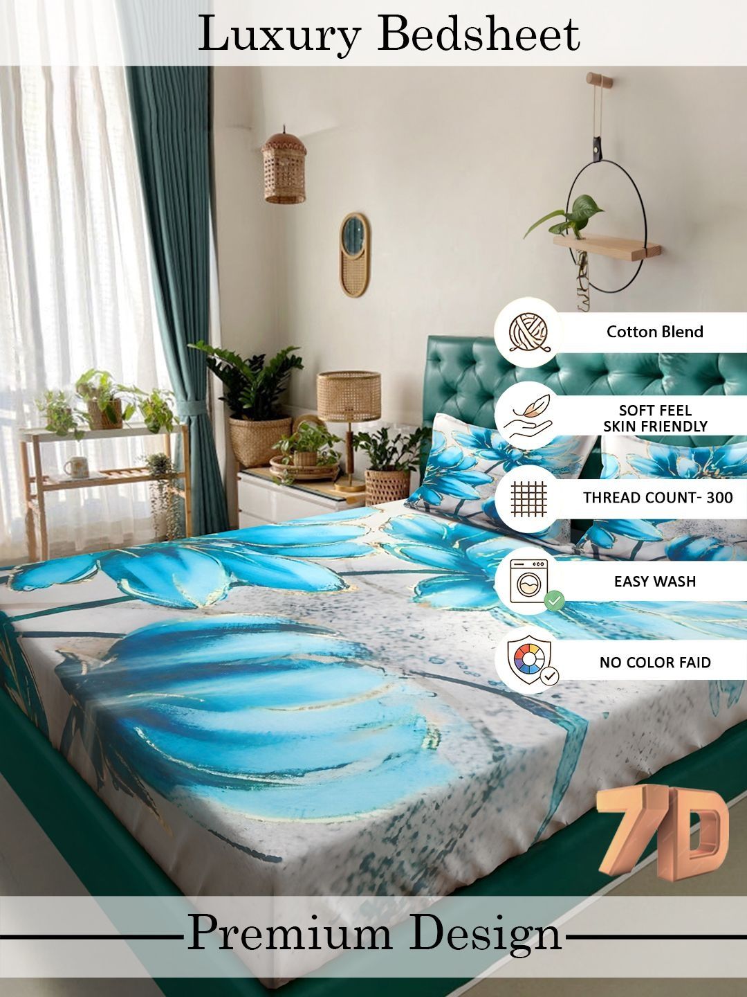 Myntra Elegant Homes Blue Floral 300 TC Super King Double Bedsheet dengan 2 Sarung Bantal