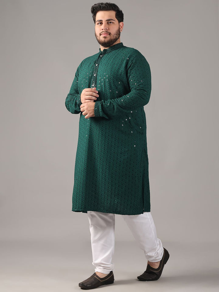 SOJANYA PLUS Size Floral Embroidered Band Collar Sequin Cotton Straight Kurta